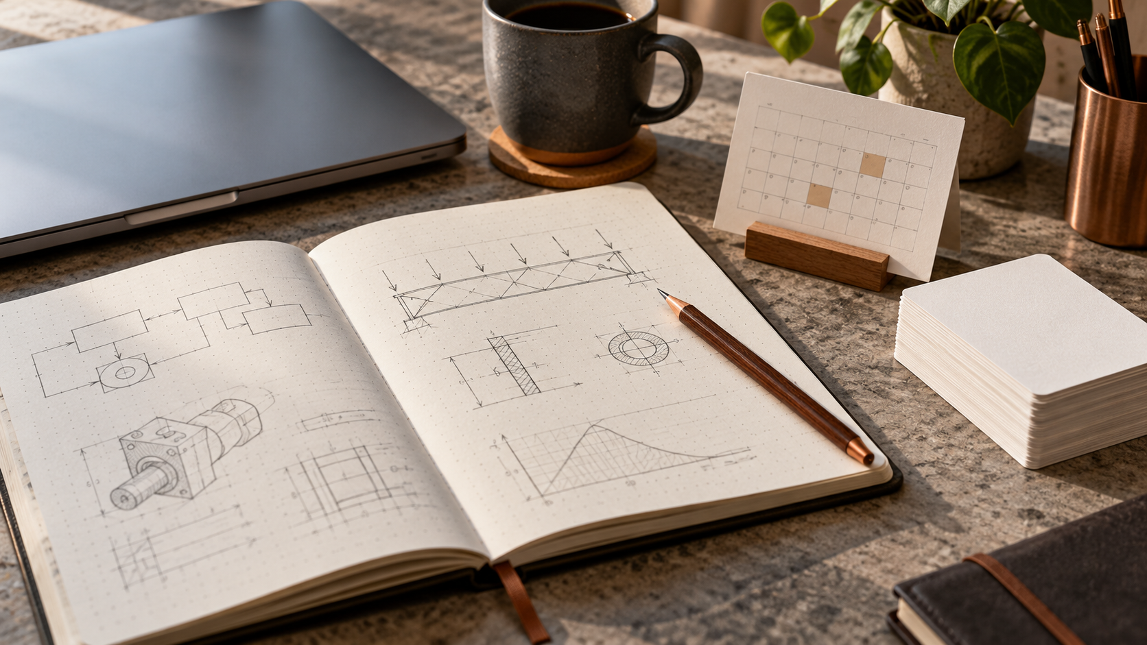Notebook, study cards and calendar for technical certification learning