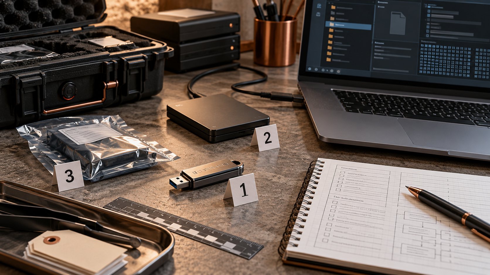 USB evidence, storage, analysis workstation and organized investigation records