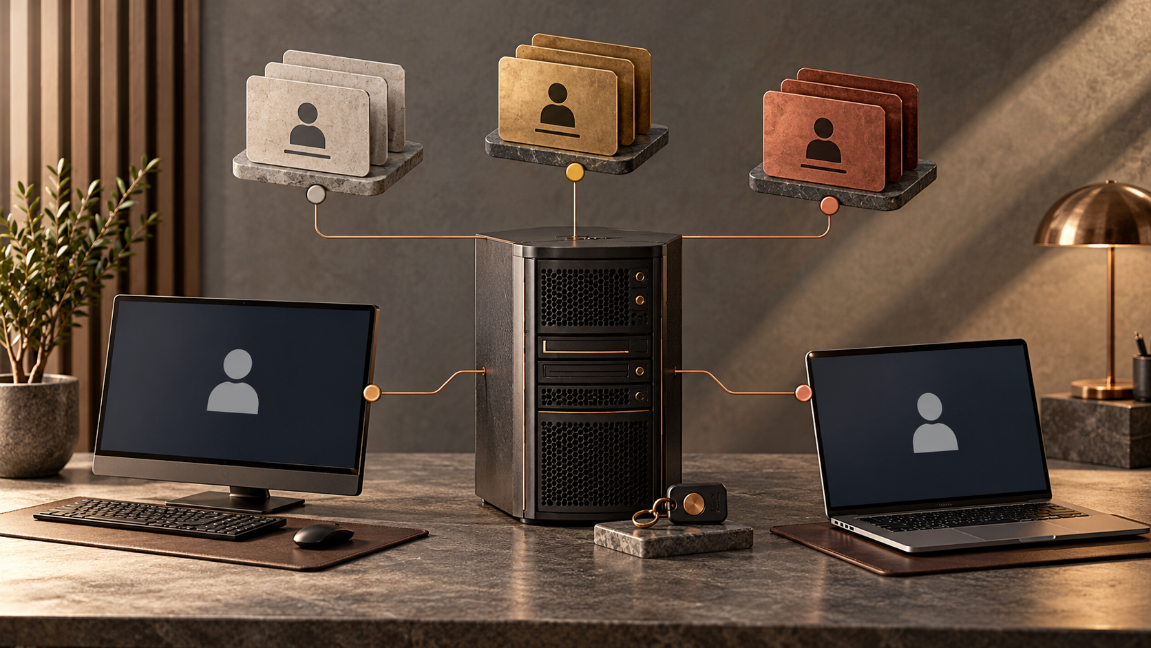 Separated identity tiers connecting a server and lab endpoints