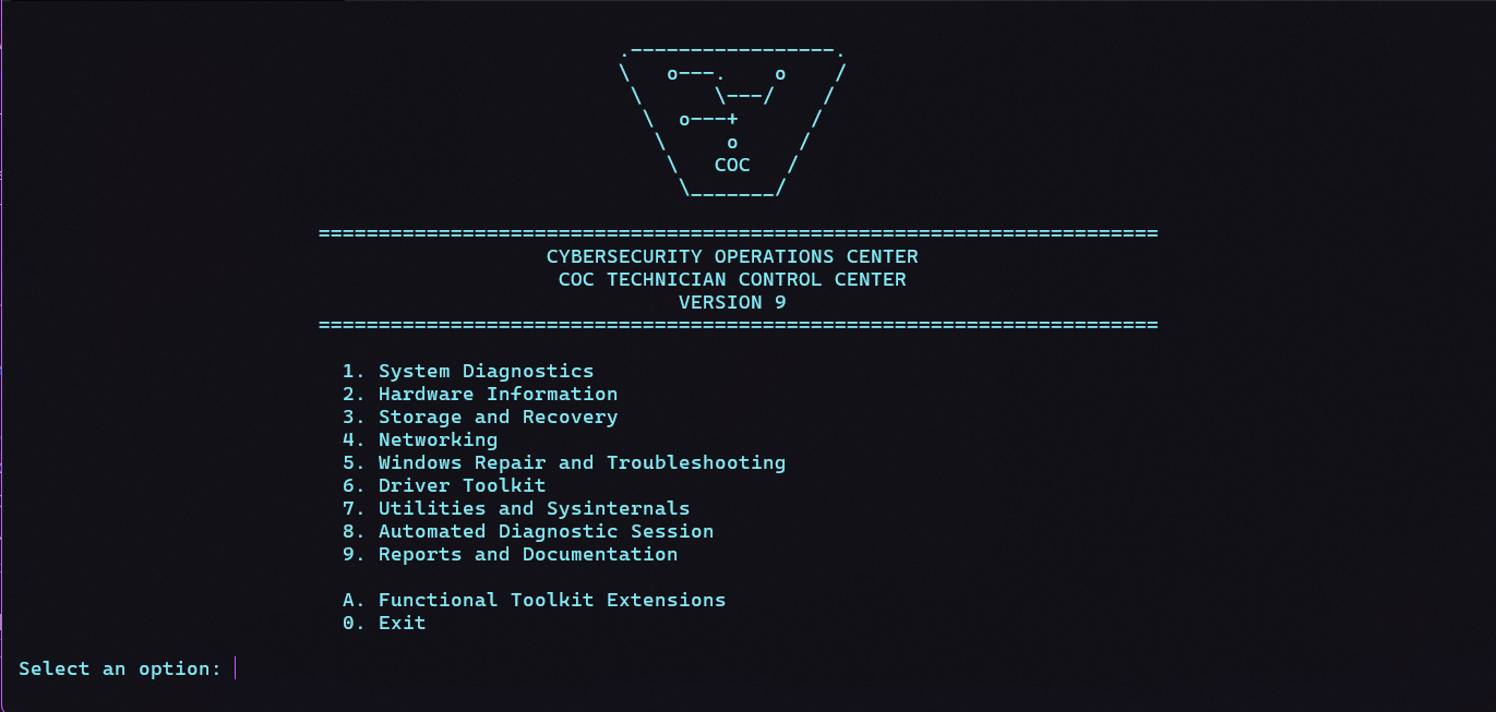 Actual installed COC technician menu with a centered shield emblem and cyan console text